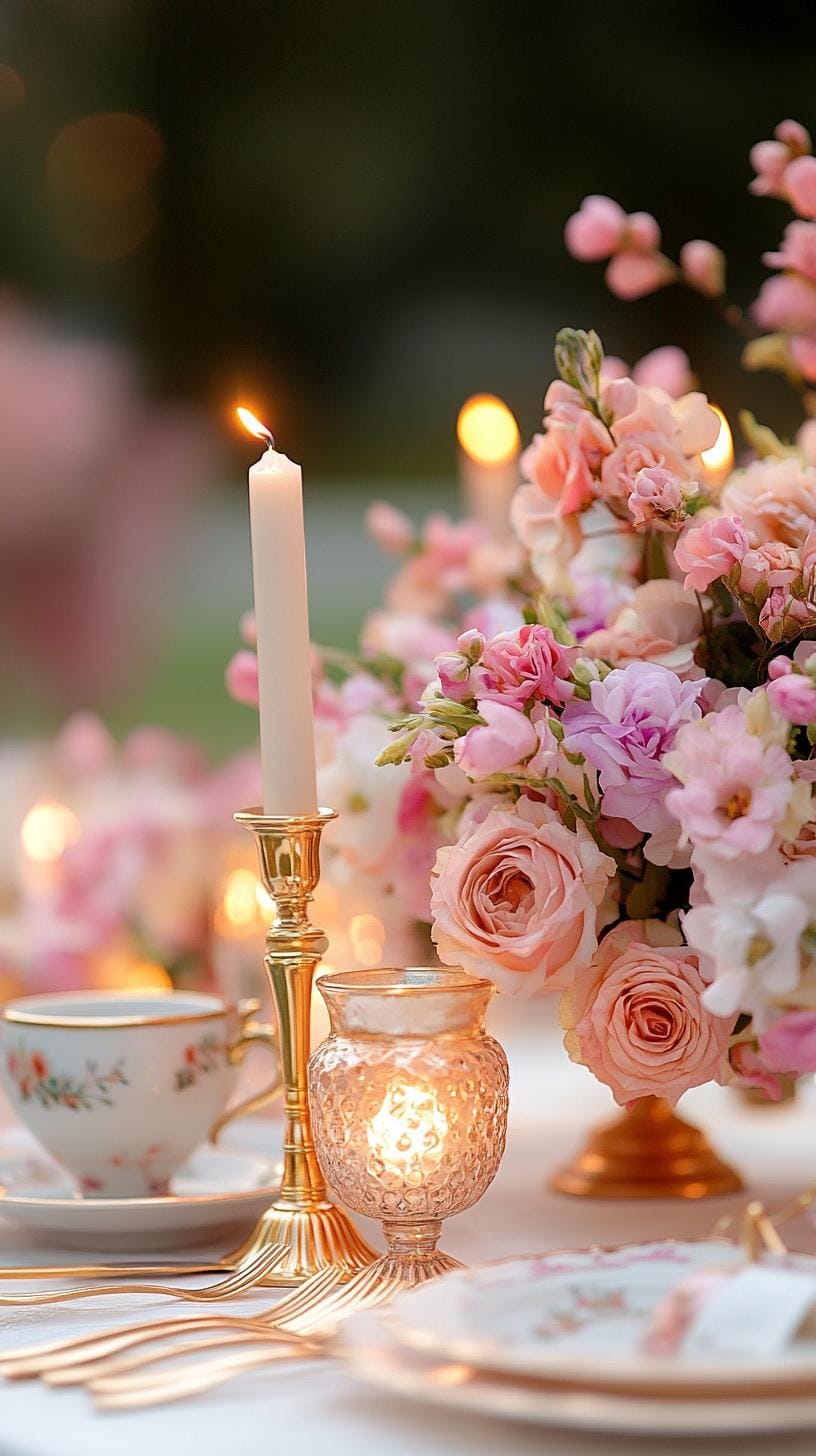21 Dreamy Garden Wedding Decor Ideas 46 16. Romantic garden tablescape with golden candle holders-1