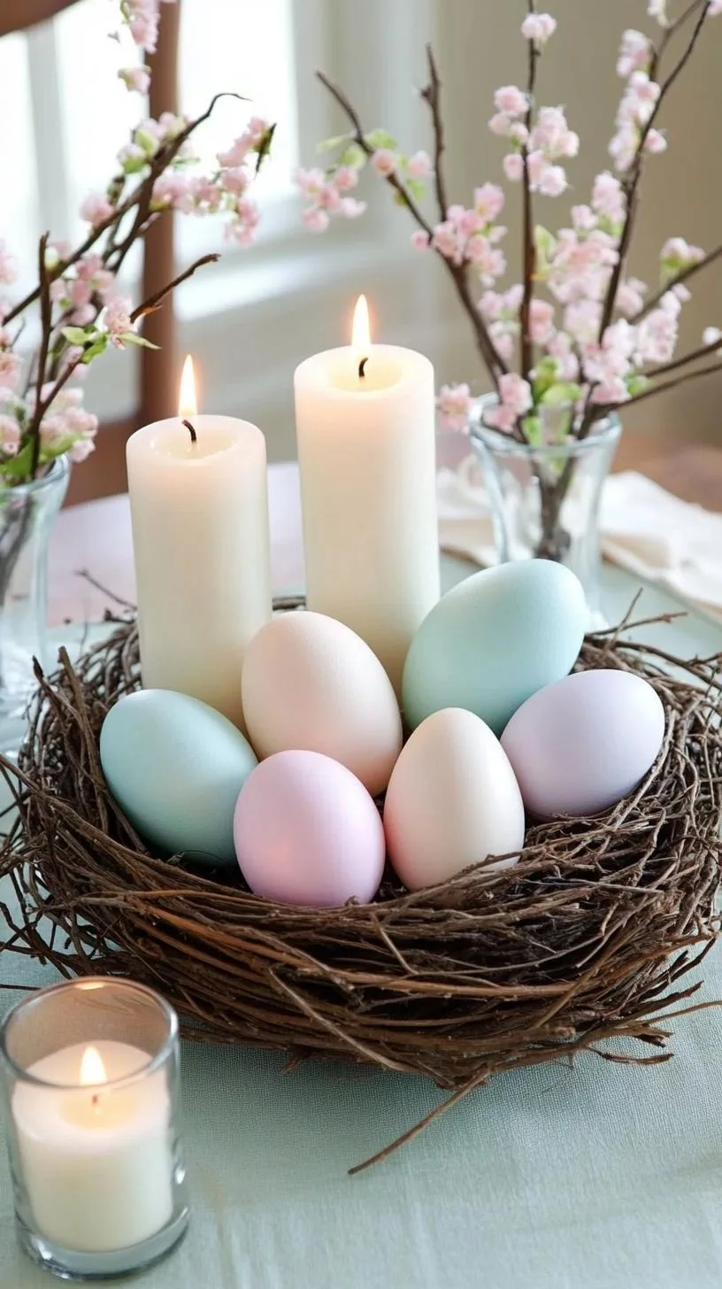 10. Rustic nest with pastel eggs and candle holders-2