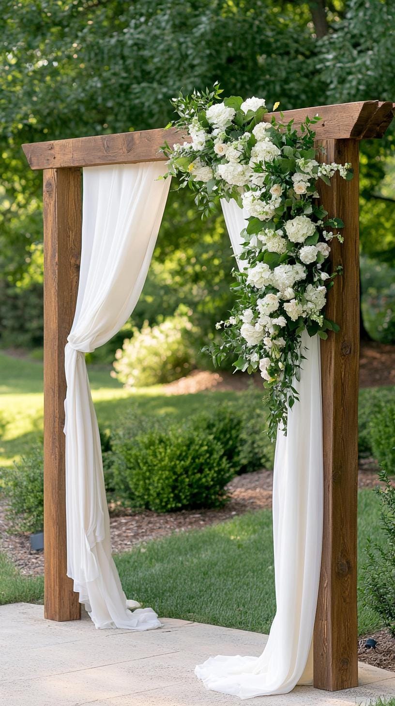 21 Dreamy Garden Wedding Decor Ideas 5 2. Rustic outdoor wedding arch draped with flowing white fabric-0