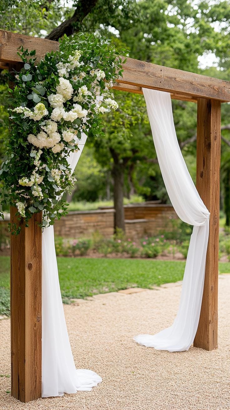 21 Dreamy Garden Wedding Decor Ideas 6 2. Rustic outdoor wedding arch draped with flowing white fabric-1