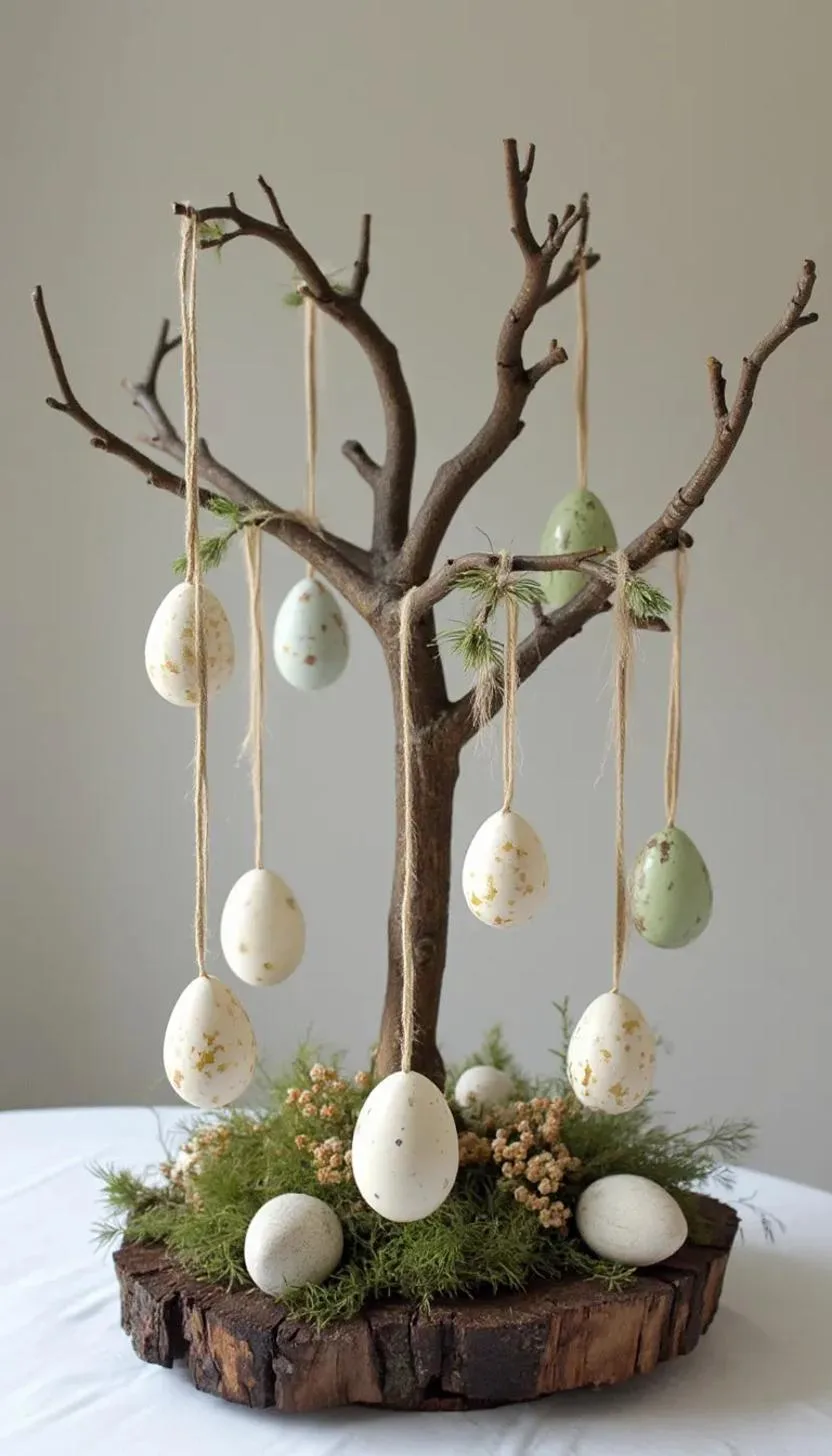 21 Trendy Easter Decor Ideas For 2025 15 6. Rustic tree branch centerpiece with hanging eggs-1