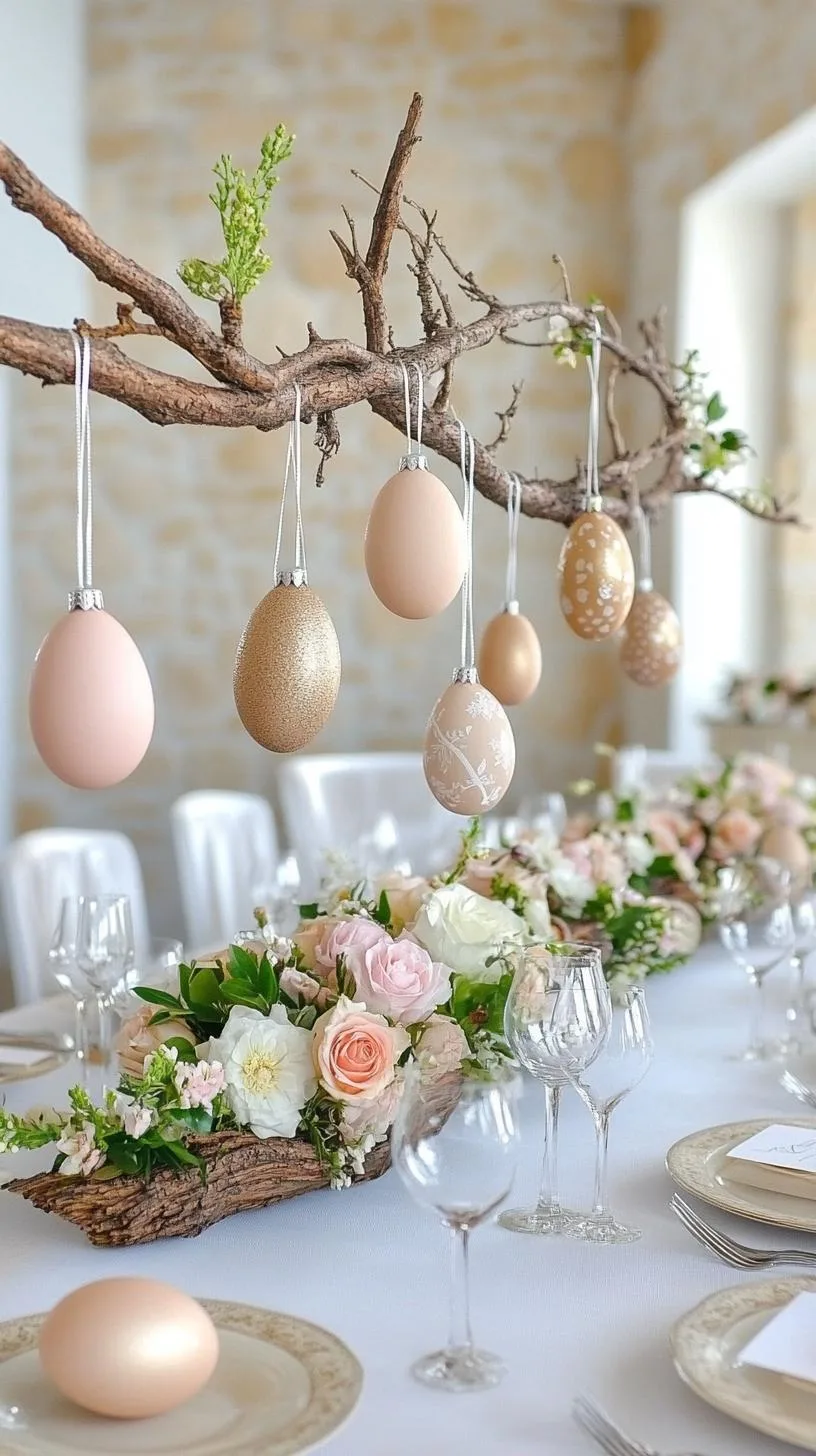 21 Trendy Easter Decor Ideas For 2025 16 6. Rustic tree branch centerpiece with hanging eggs-2