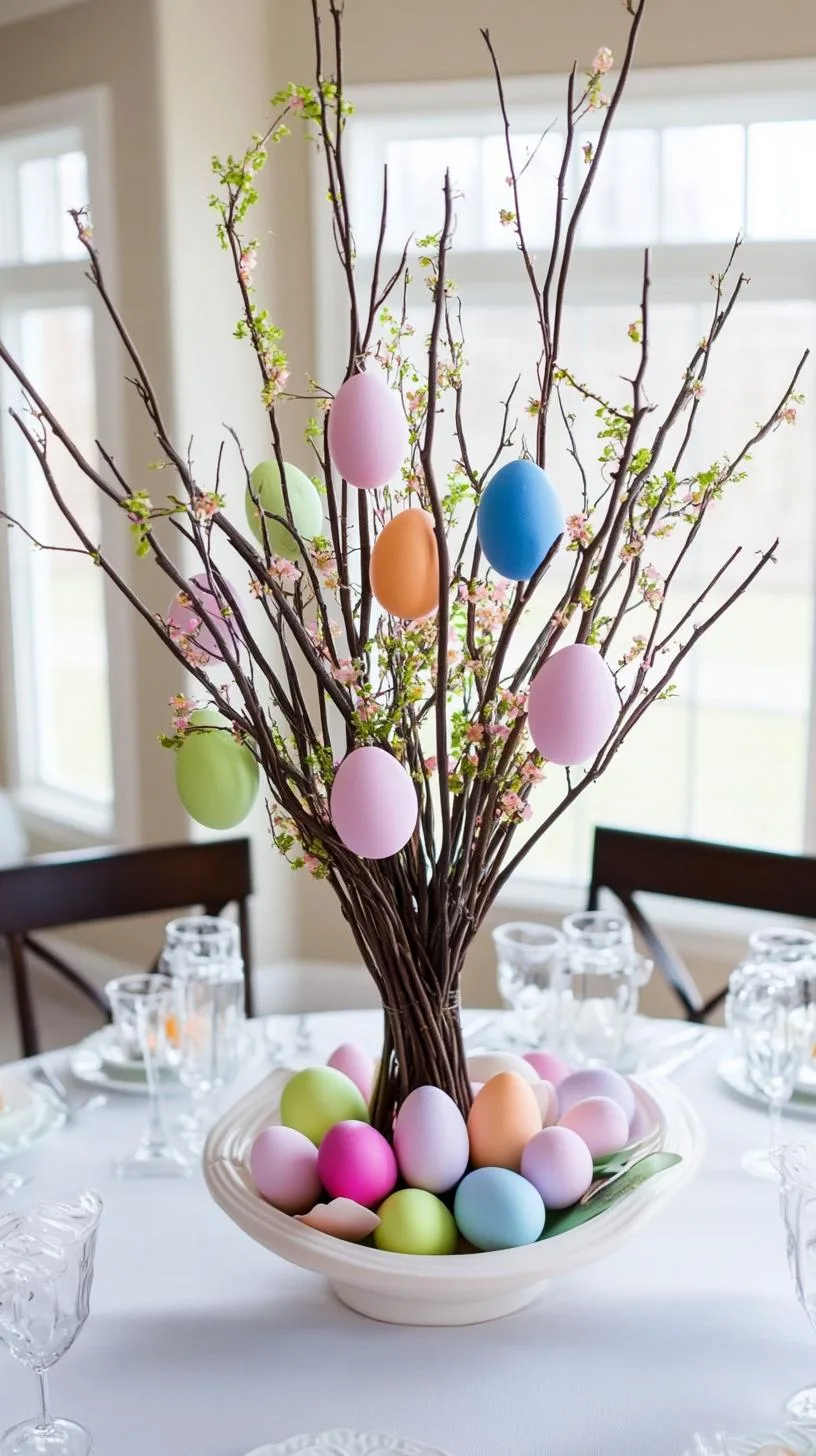 15. Simple spring centerpiece with twigs and hanging eggs-2