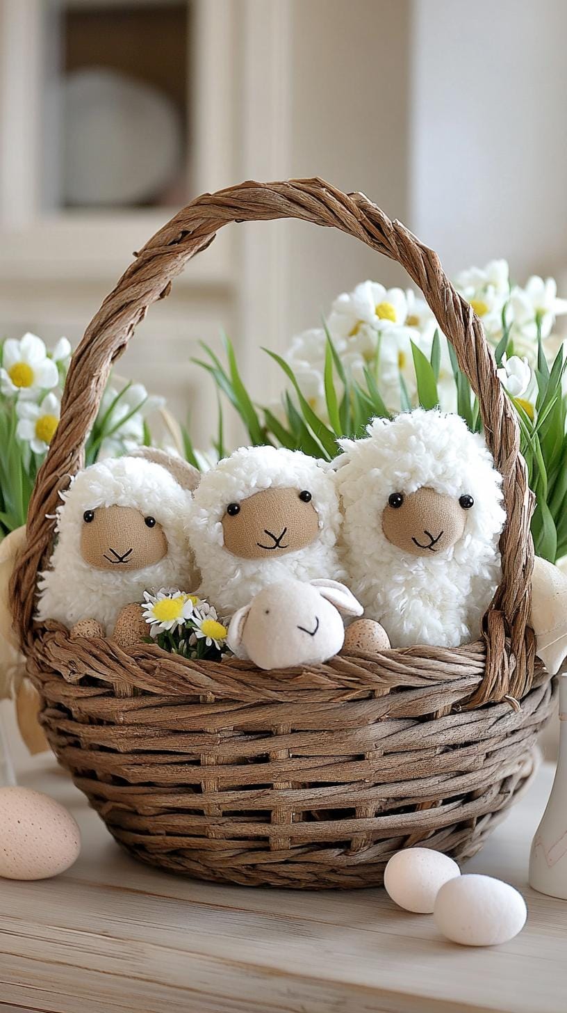 11. Soft pom-pom sheep in a rustic woven basket-0