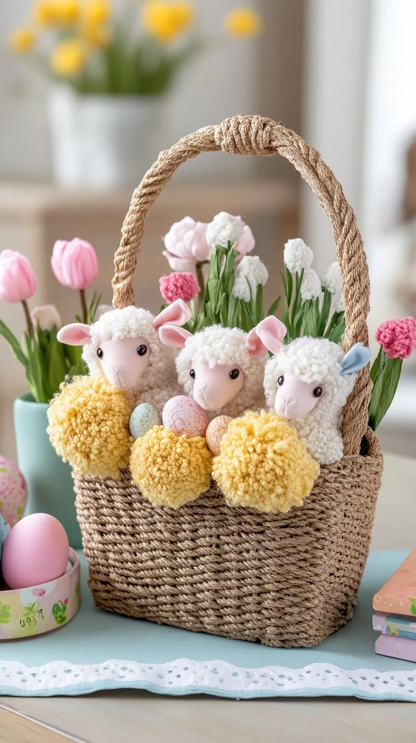 21 Trendy Easter Decor Ideas For 2025 28 11. Soft pom-pom sheep in a rustic woven basket-1
