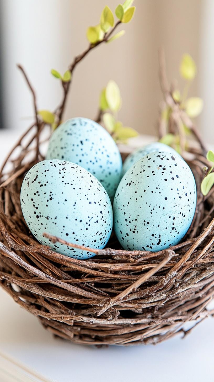11. Speckled robin’s egg replicas in a rustic nest-0