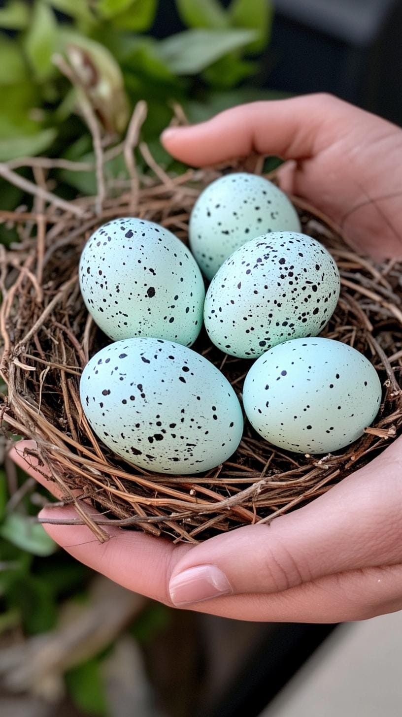11. Speckled robin’s egg replicas in a rustic nest-1