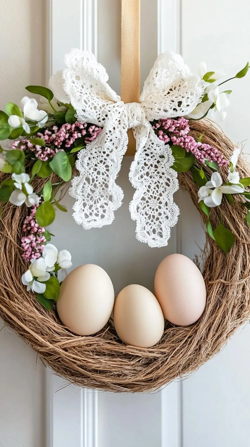 21 Trendy Easter Decor Ideas For 2025 19 8. Twine-wrapped Easter wreath with delicate lace bow-0