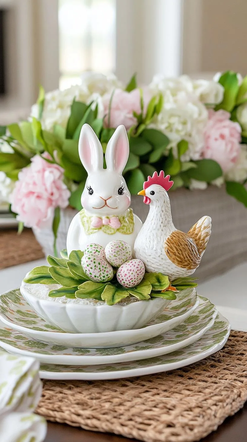 21 Trendy Easter Decor Ideas For 2025 39 15. Vintage ceramic bunny and hen table centerpiece-1