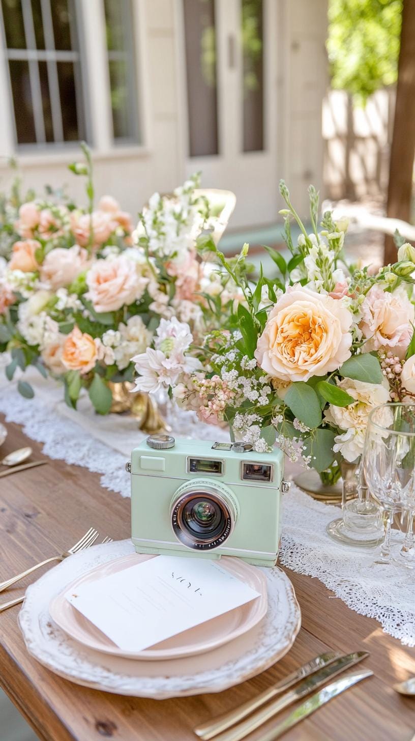 21 Dreamy Garden Wedding Decor Ideas 17 6. Vintage-inspired wedding guest table with instant cameras-1