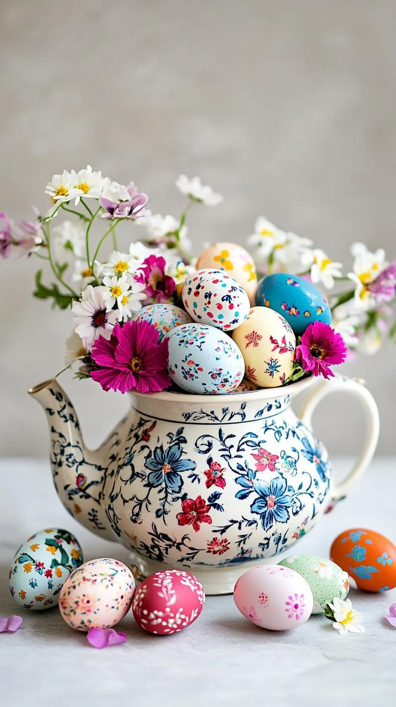 21 Trendy Easter Decor Ideas For 2025 4 2. Vintage teapot filled with Easter eggs and flowers-0