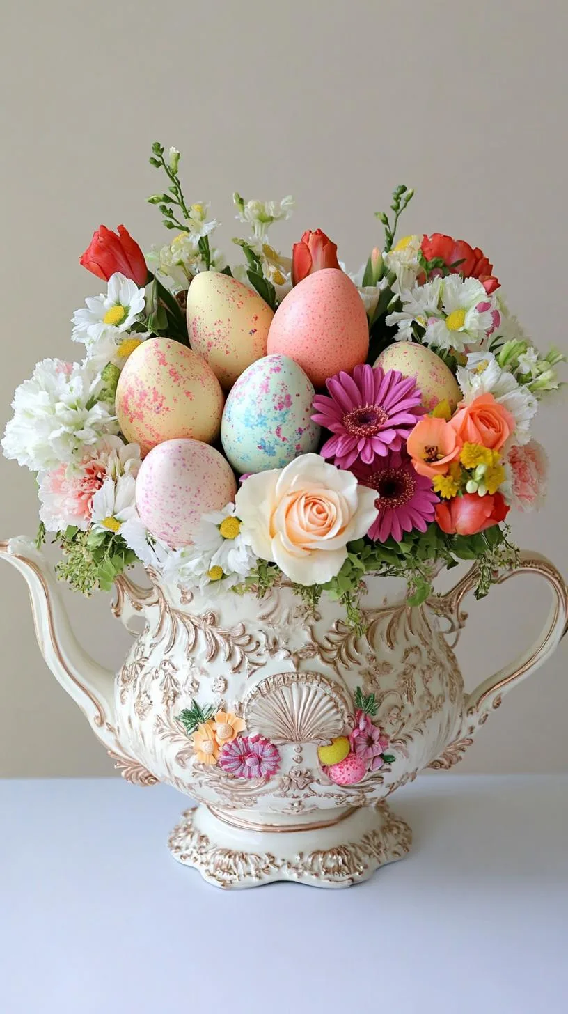21 Trendy Easter Decor Ideas For 2025 5 2. Vintage teapot filled with Easter eggs and flowers-1