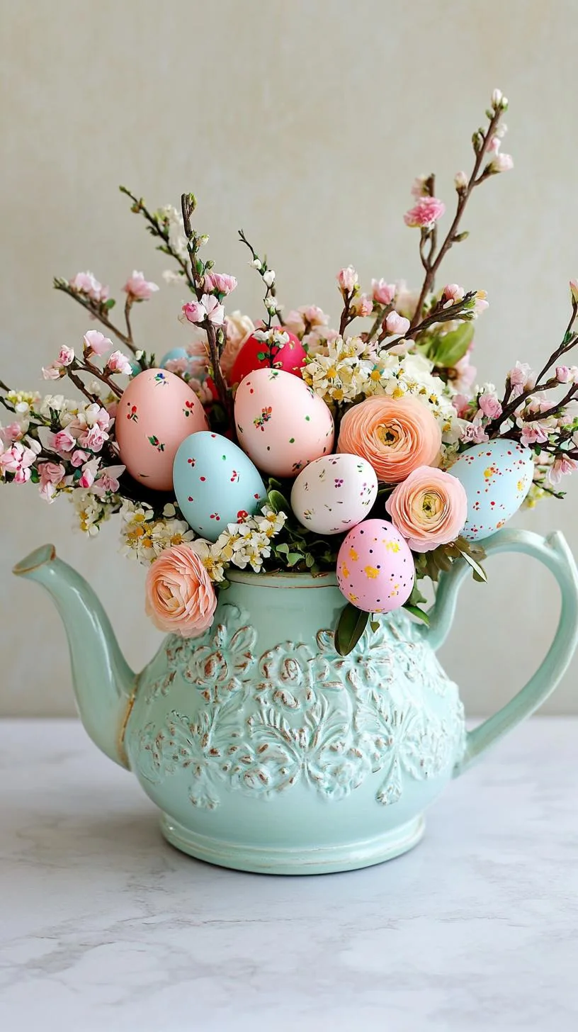 21 Trendy Easter Decor Ideas For 2025 6 2. Vintage teapot filled with Easter eggs and flowers-2