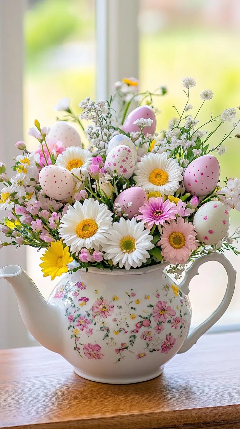 1. Vintage teapot filled with flowers and Easter eggs-0
