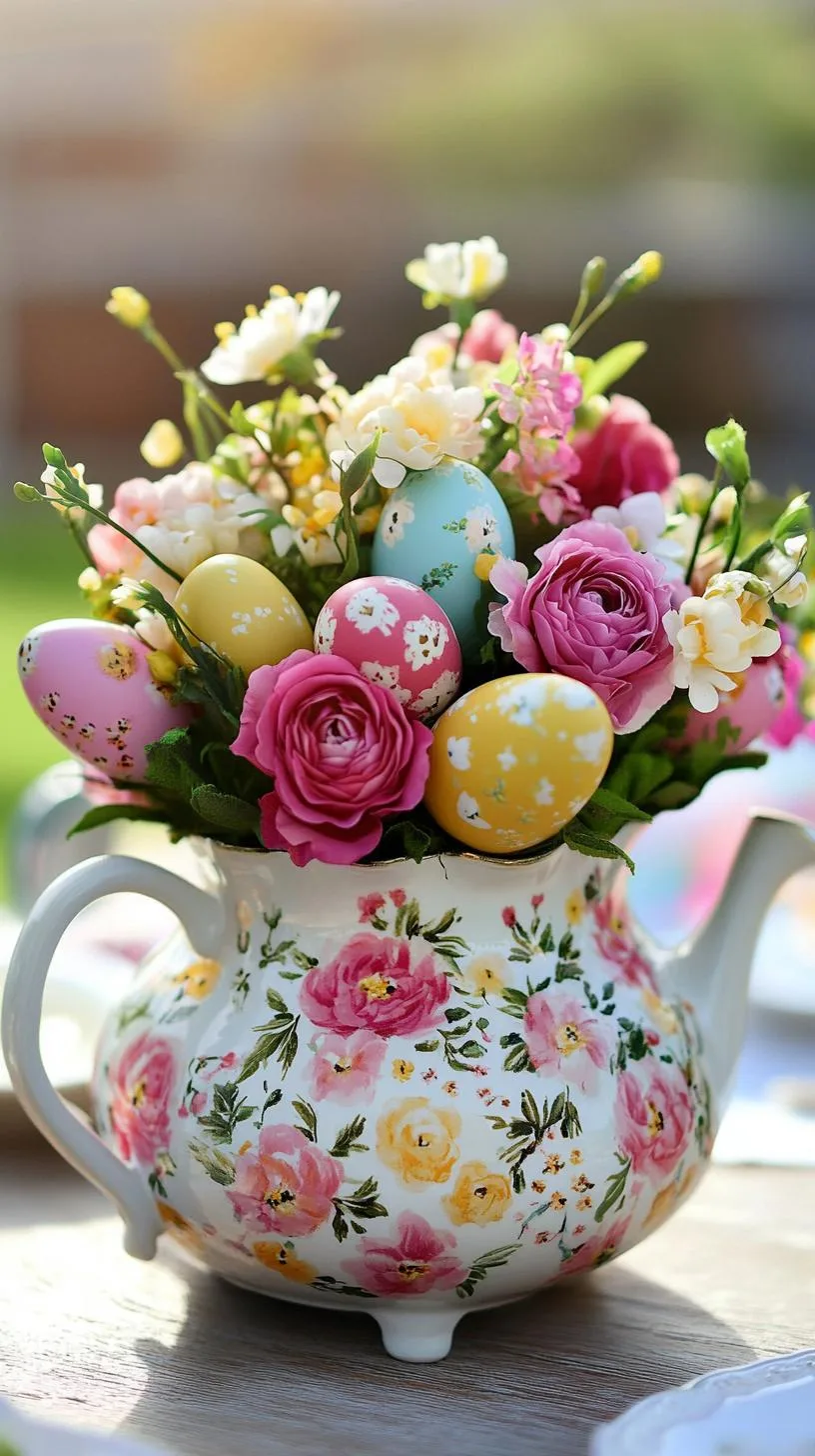 1. Vintage teapot filled with flowers and Easter eggs-1