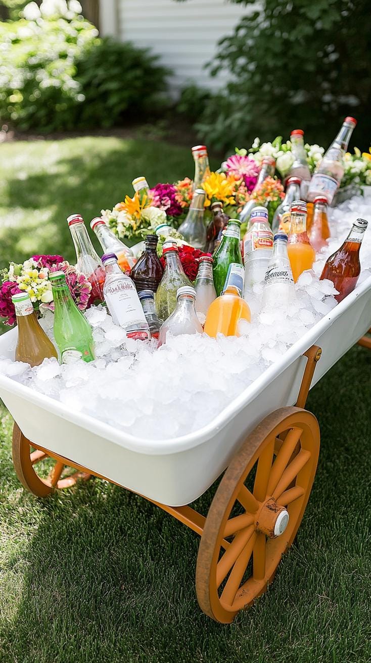 21 Dreamy Garden Wedding Decor Ideas 39 13. Wheelbarrow drink cooler filled with ice and bottled drinks-1