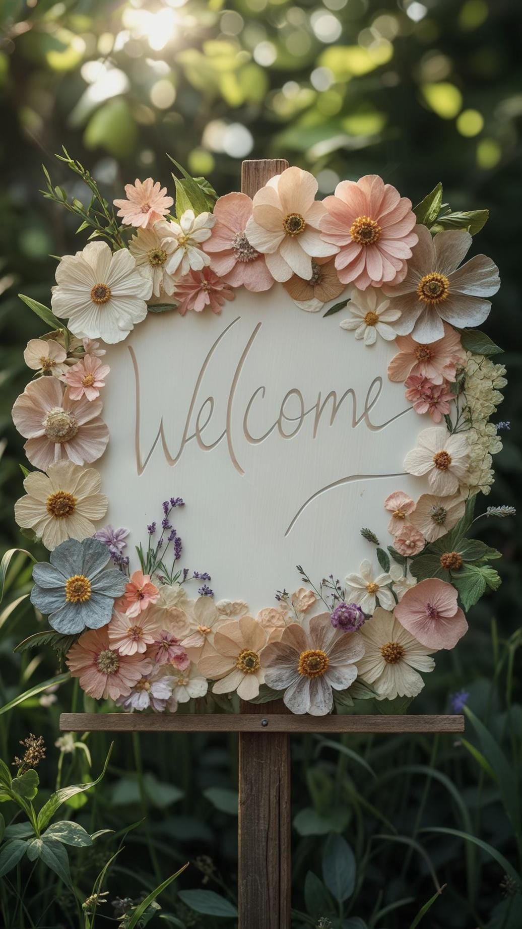 21 Dreamy Garden Wedding Decor Ideas 13 5. Whimsical boho welcome sign with pressed flowers-0