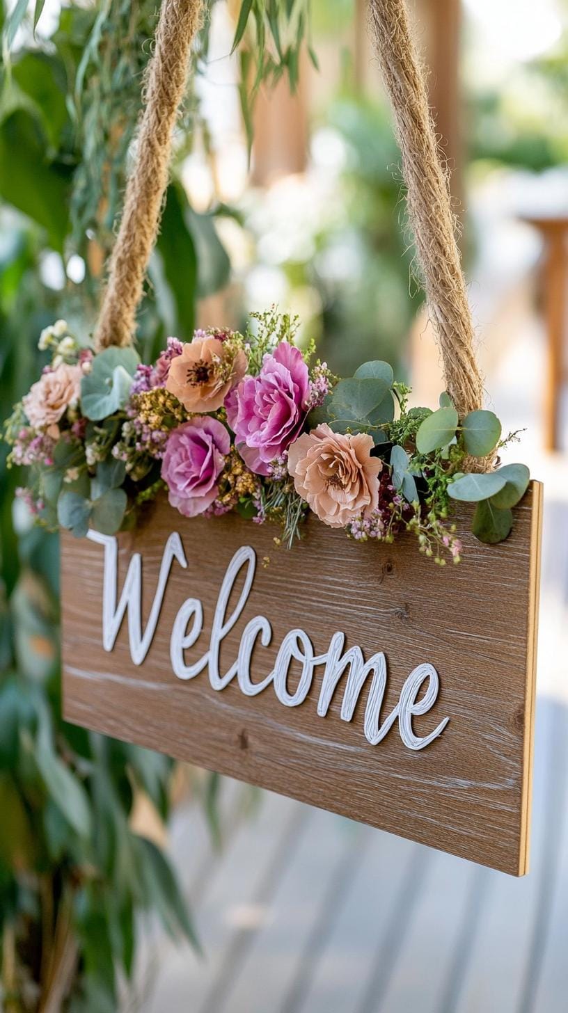 21 Dreamy Garden Wedding Decor Ideas 14 5. Whimsical boho welcome sign with pressed flowers-1