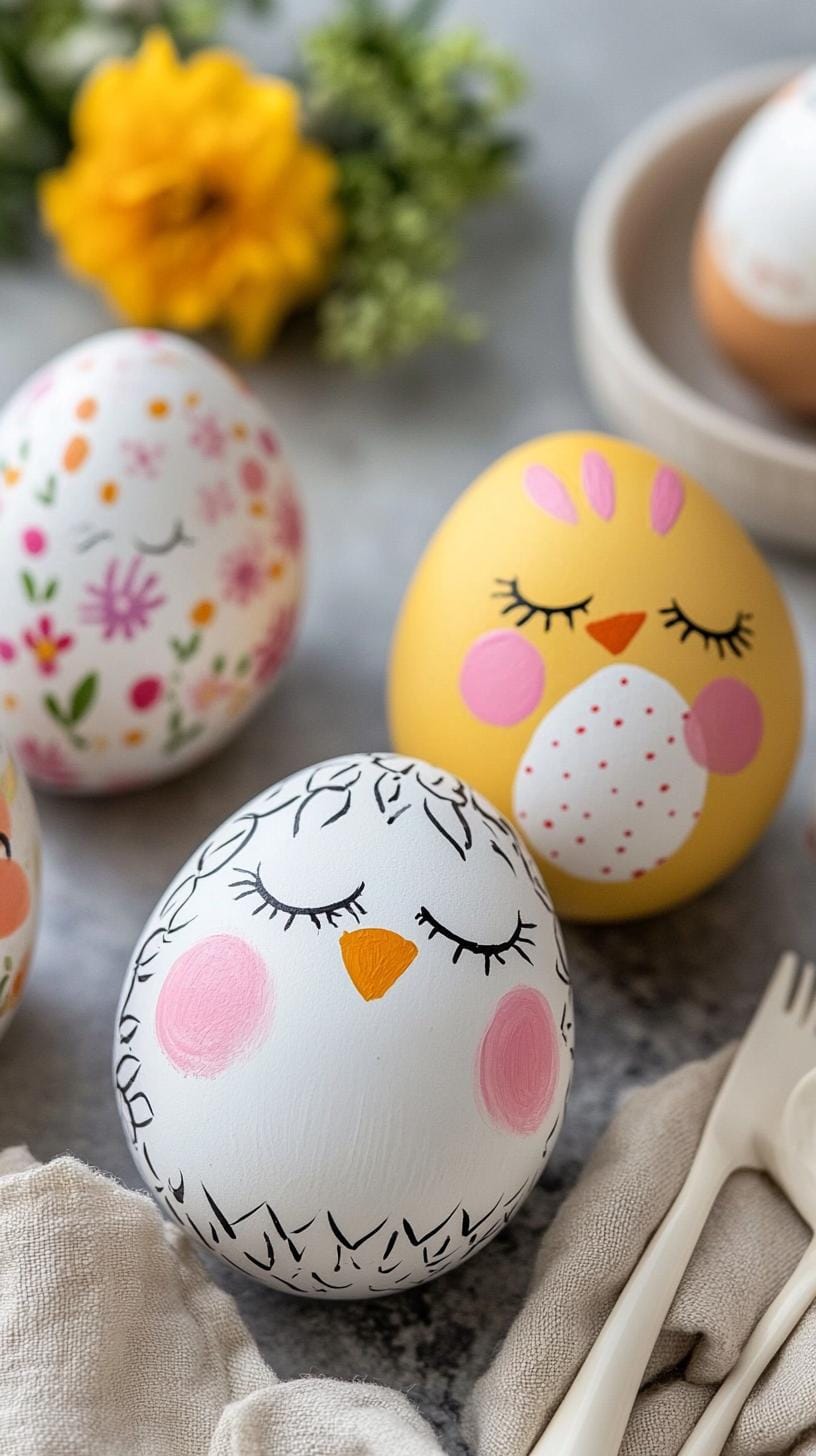 9. Whimsical chick and bunny face painted eggs-1