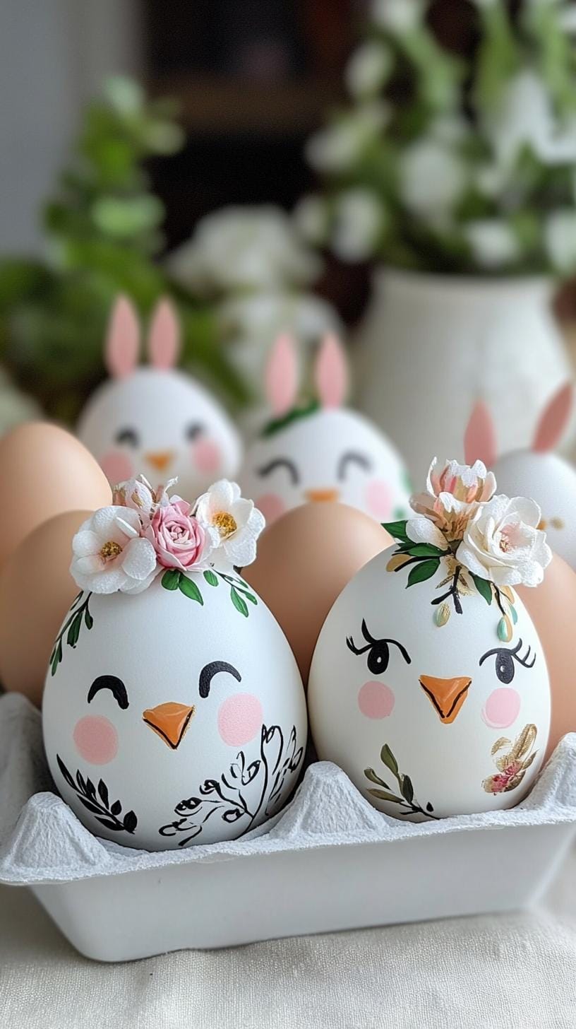 9. Whimsical chick and bunny face painted eggs-3