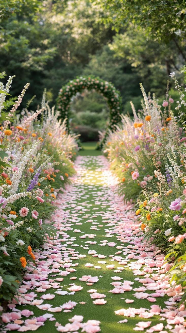 21 Dreamy Garden Wedding Decor Ideas 12 4. Wildflower aisle with soft pastel floral arrangements-1