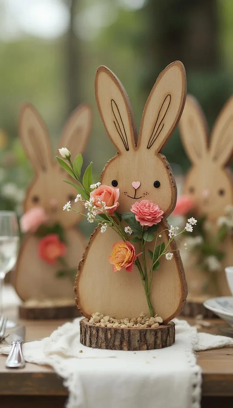 21 Trendy Easter Decor Ideas For 2025 30 12. Wooden bunny place settings with floral accents-0