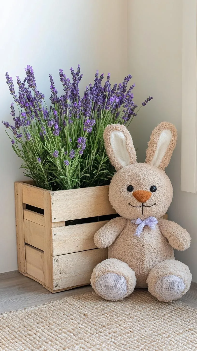 21 Trendy Easter Decor Ideas For 2025 56 21. Wooden crate planter with lavender and plush bunny-0