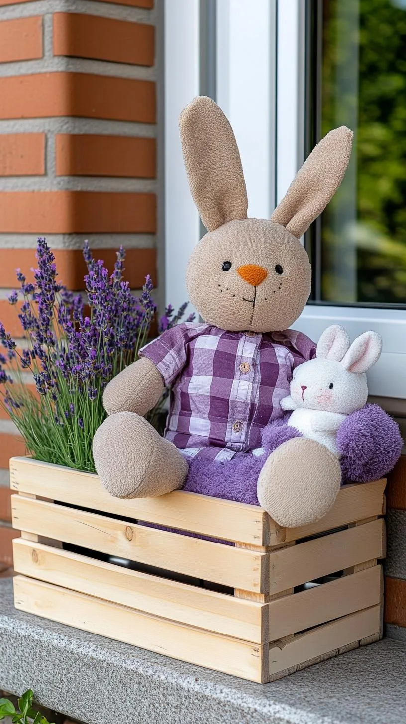 21 Trendy Easter Decor Ideas For 2025 57 21. Wooden crate planter with lavender and plush bunny-1
