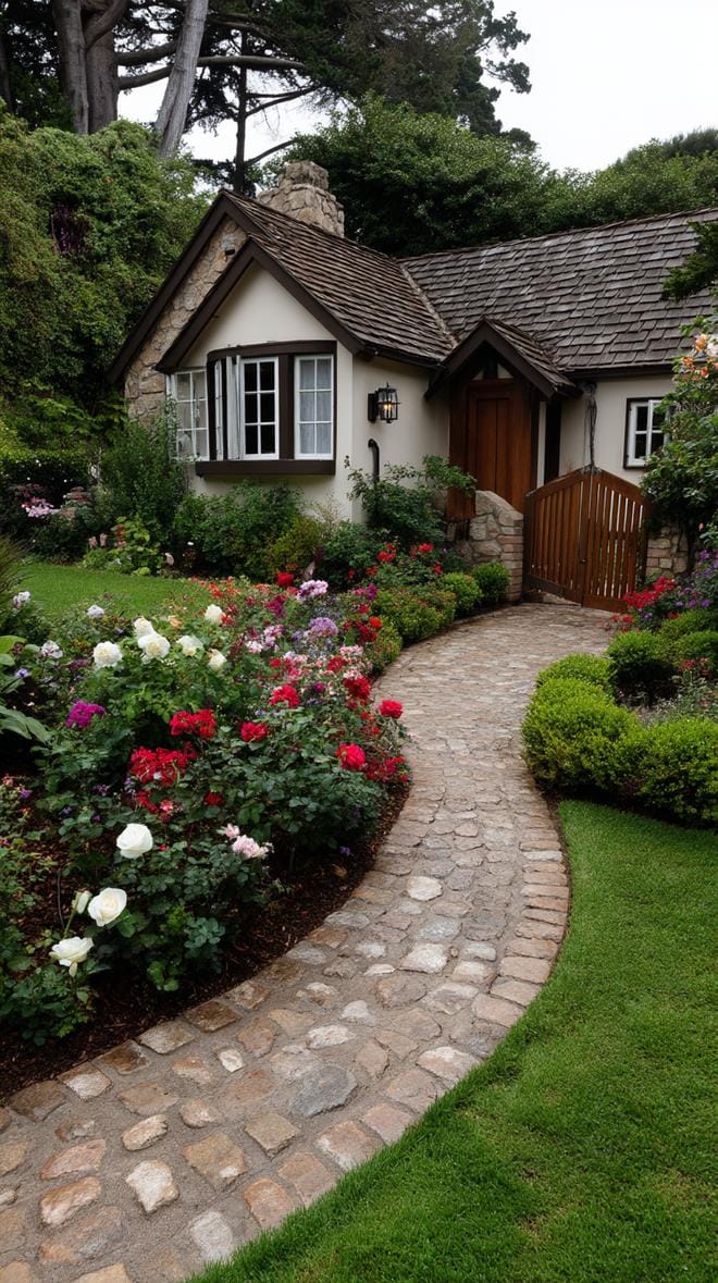 10. Cottage-style garden with round flower-bordered path-0