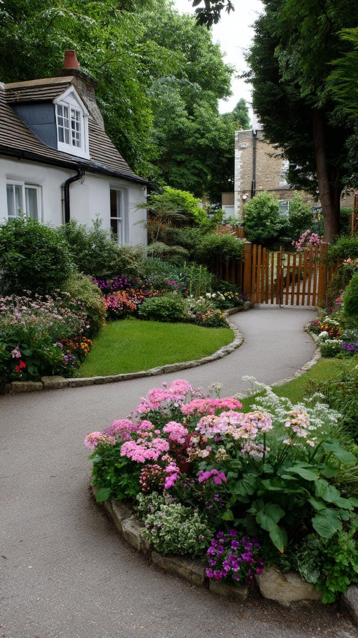 10. Cottage-style garden with round flower-bordered path-1