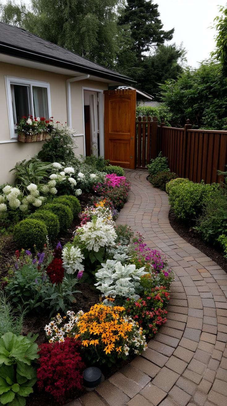 10. Cottage-style garden with round flower-bordered path-2