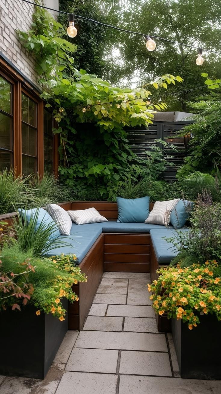 20. Cozy U-shaped seating area with lush planters-0