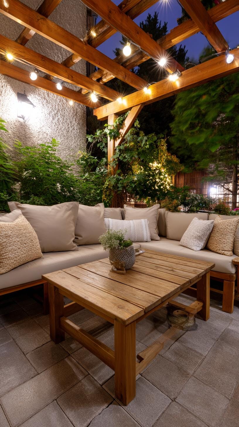 6. Cozy garden nook under a string-lit pergola-0
