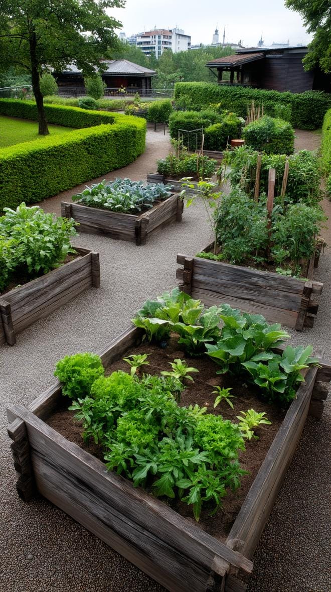 21. Grid-style vegetable layout in wooden raised beds-1