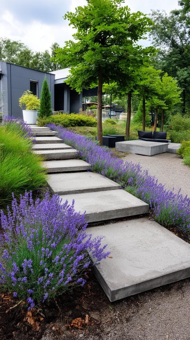 7. Modern garden path flanked with lavender bushes-0