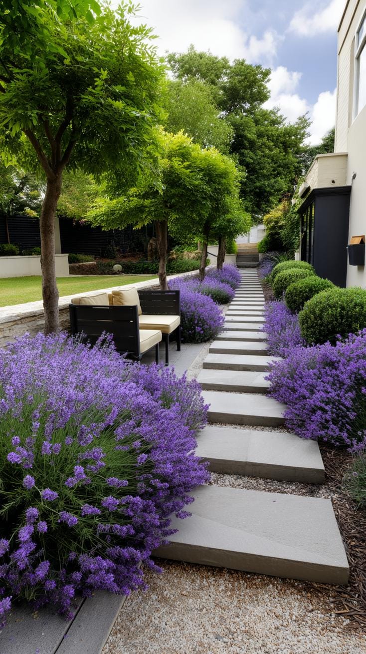 7. Modern garden path flanked with lavender bushes-1