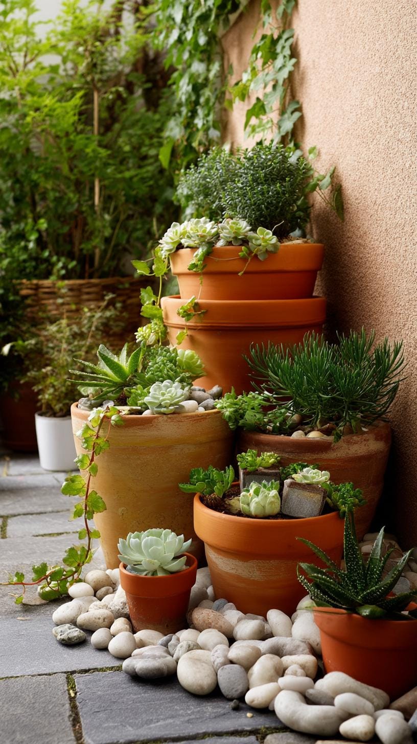 8. Potted succulent corner with layered terracotta pots-1