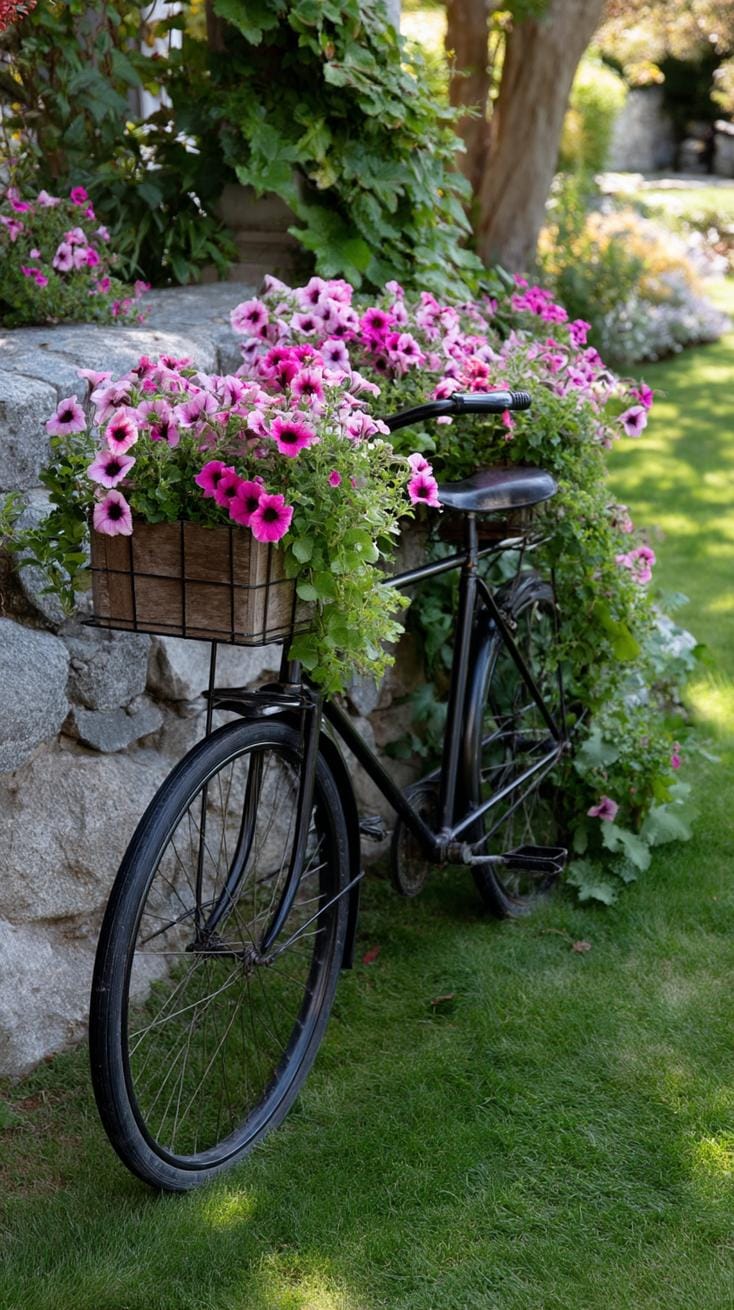29 Vintage Garden Decor Ideas That Bring Rustic Charm Outdoors 3 1. Antique bicycle planter with cascading flower baskets-0