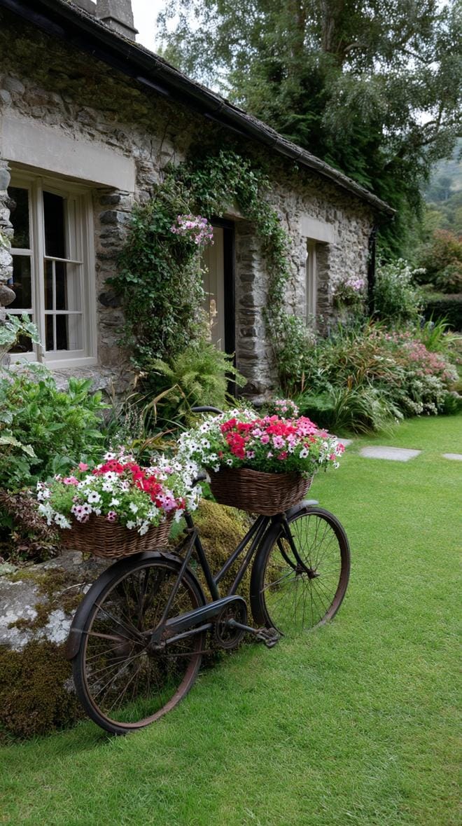 29 Vintage Garden Decor Ideas That Bring Rustic Charm Outdoors 6 1. Antique bicycle planter with cascading flower baskets-1