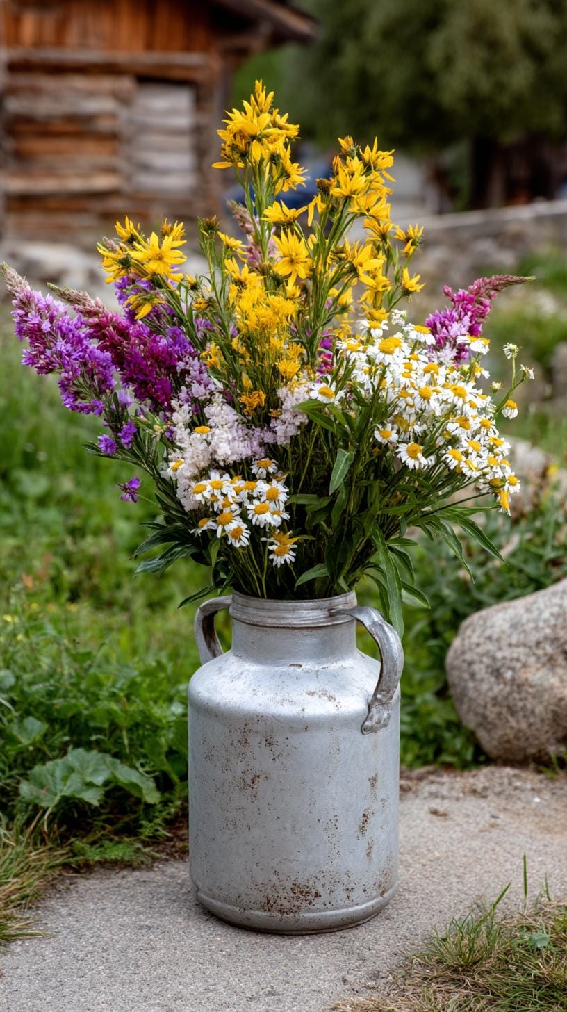 29 Vintage Garden Decor Ideas That Bring Rustic Charm Outdoors 102 26. Antique milk can with tall wildflowers-0