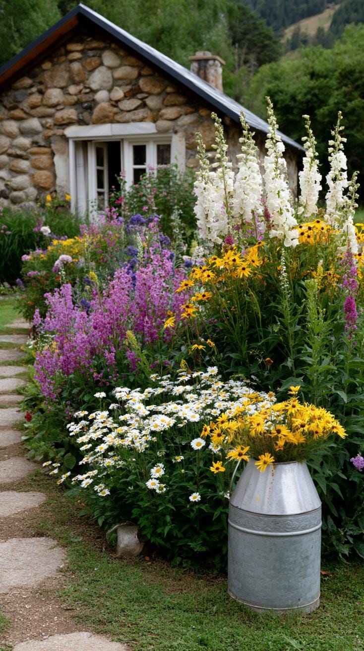 29 Vintage Garden Decor Ideas That Bring Rustic Charm Outdoors 103 26. Antique milk can with tall wildflowers-1