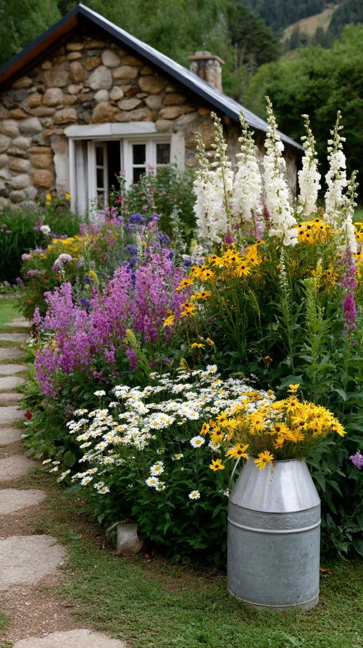 29 Vintage Garden Decor Ideas That Bring Rustic Charm Outdoors 102 26. Antique milk can with tall wildflowers-1