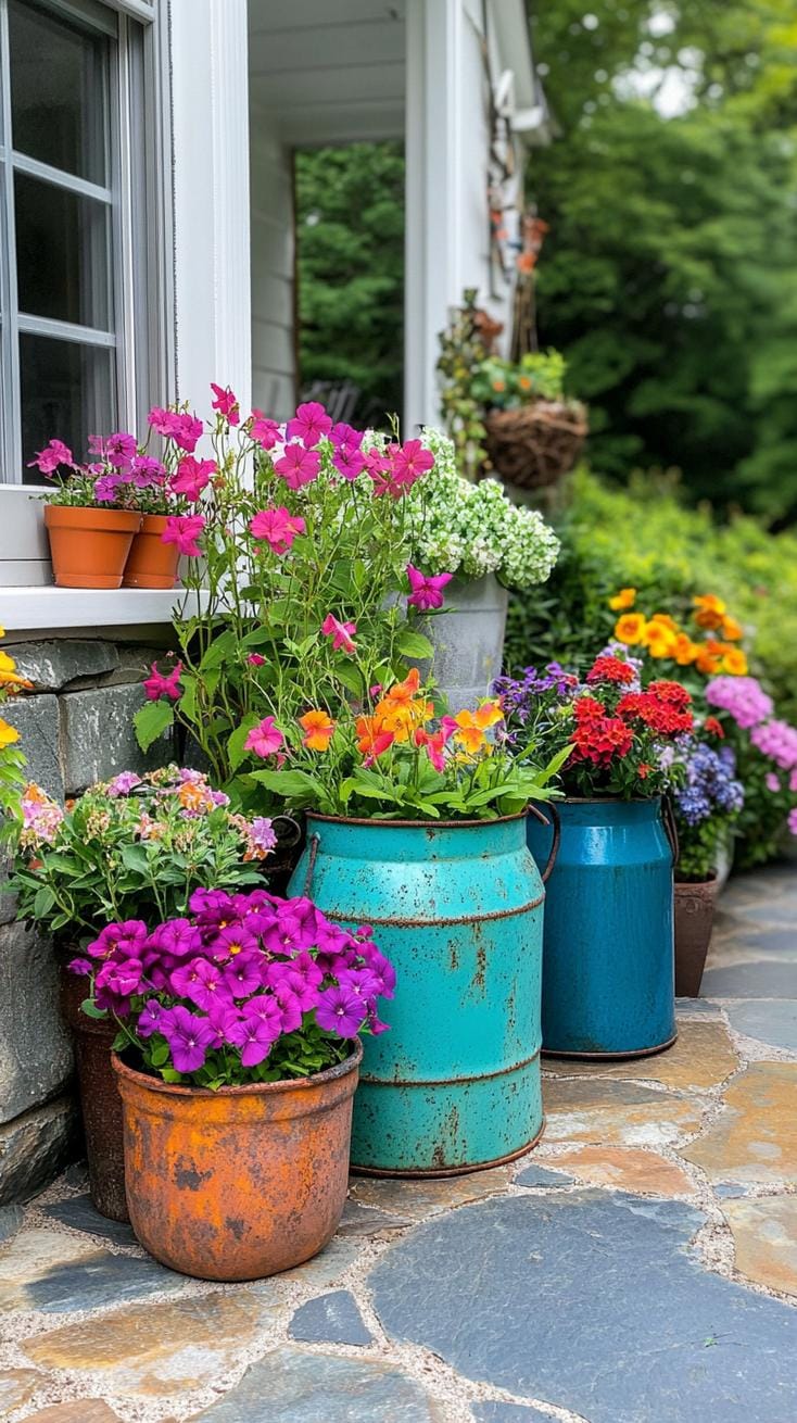 25 Rustic Farmhouse Garden Decor Ideas You Must See 36 19. Antique milk cans as rustic garden planters-0