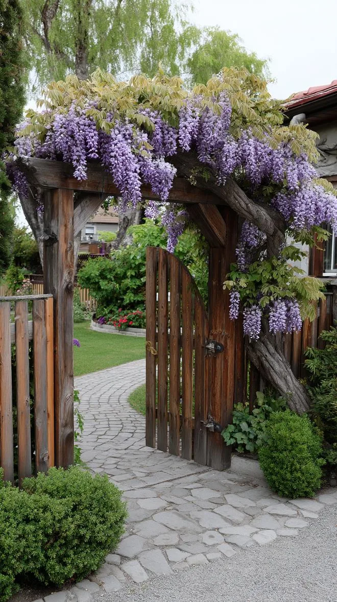 35 Dreamy Cottage Garden Ideas for Timeless Charm 19 8. Arched gate entrance with overgrown wisteria vines-0