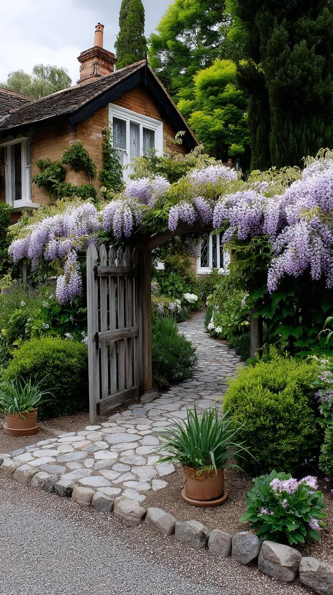 35 Dreamy Cottage Garden Ideas for Timeless Charm 20 8. Arched gate entrance with overgrown wisteria vines-1