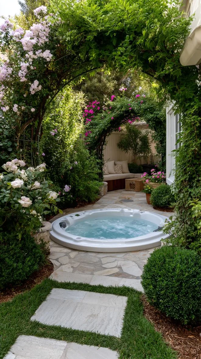31 Best Hot Tub Ideas for the Ultimate Backyard Escape 41 7. Backyard garden with a hidden hot tub nook-1