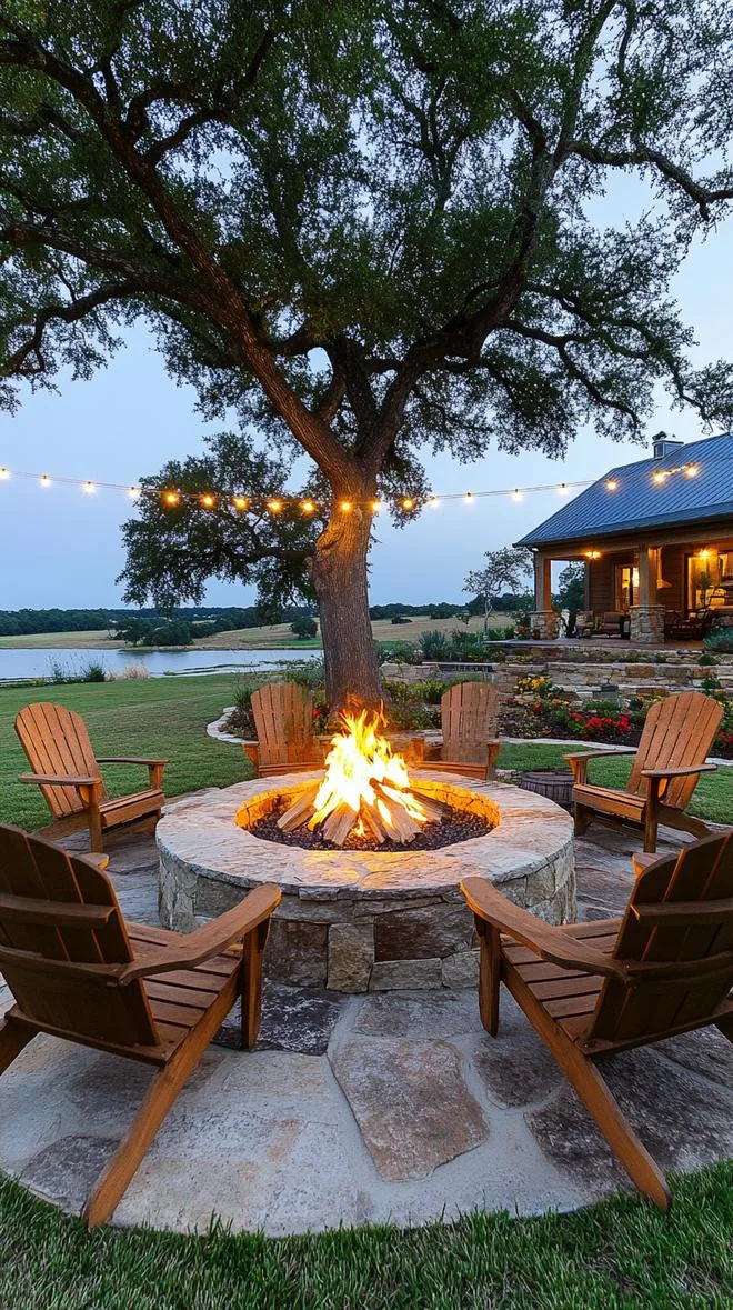27 Charming Farmhouse Landscaping Ideas for a Beautiful Rustic Yard 45 16. Backyard stone fire pit with farmhouse chairs-0