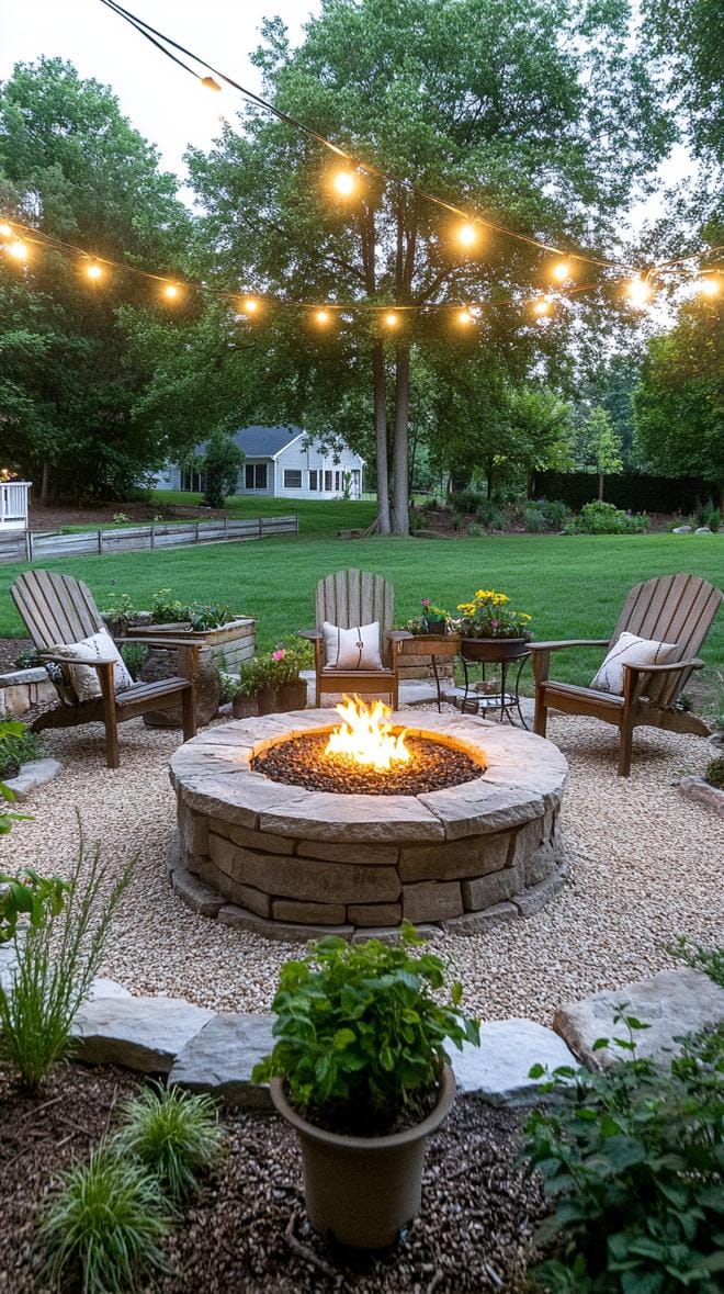 27 Charming Farmhouse Landscaping Ideas for a Beautiful Rustic Yard 47 16. Backyard stone fire pit with farmhouse chairs-1