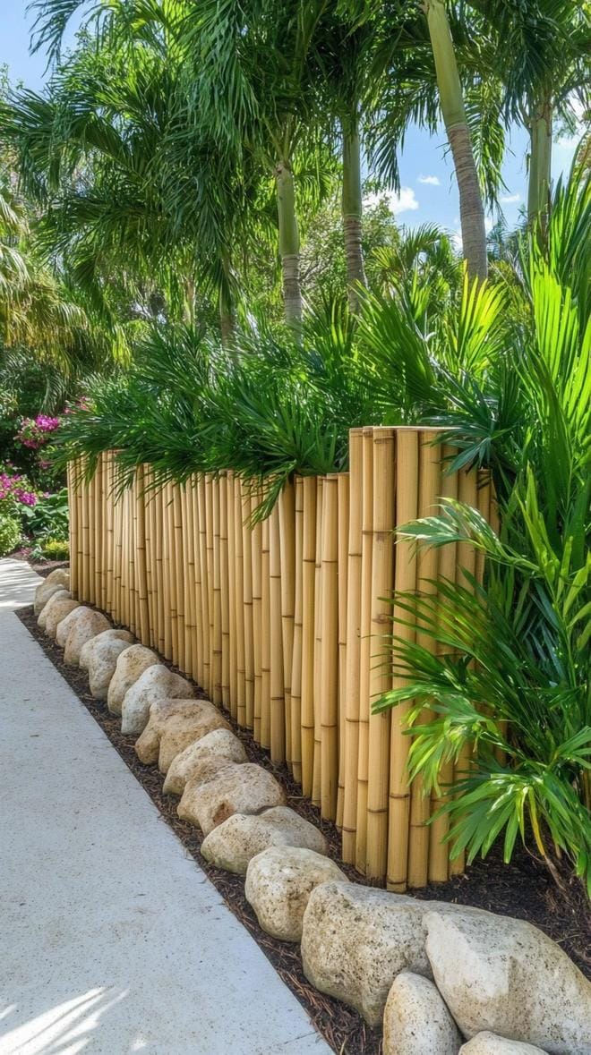 35 Unique Privacy Fence Ideas for a More Private Backyard 15 5. Bamboo privacy wall with tropical landscaping-0