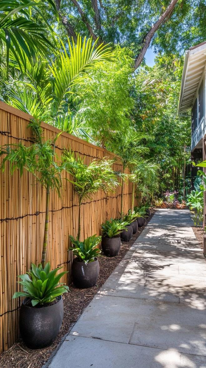 35 Unique Privacy Fence Ideas for a More Private Backyard 17 5. Bamboo privacy wall with tropical landscaping-2